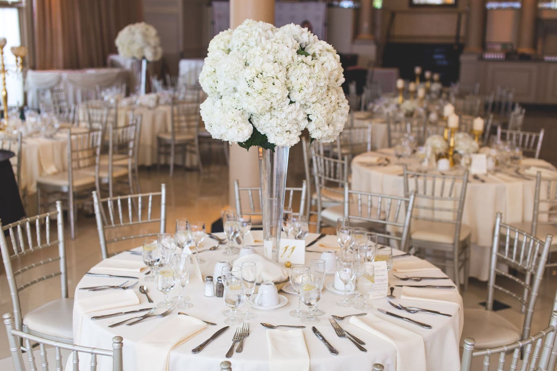 Round wedding tables with tall white hydrangea centrepieces